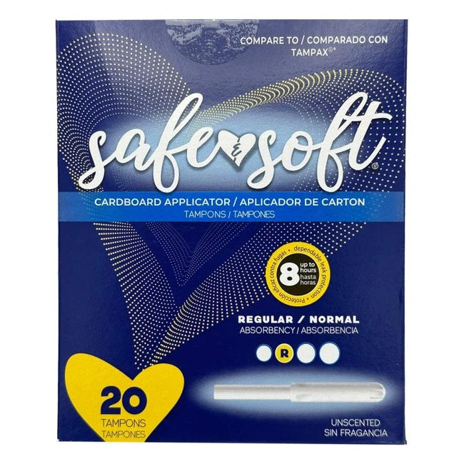 Box of Safersoft tampons with cardboard applicators.